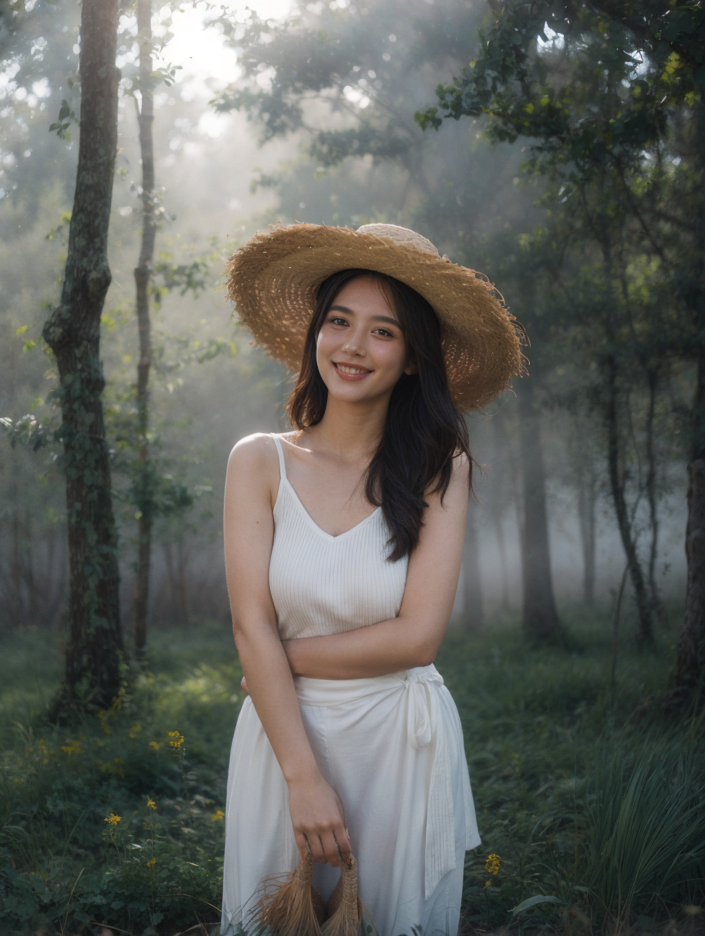 01498-3257642022-1girl,straw hat,cowboy shot,grass skirt,cowboy shot,lazy,elegant,curvy,flower,blue sky,dappled sunlight,((Fog and Mist)),(((Tynd.png